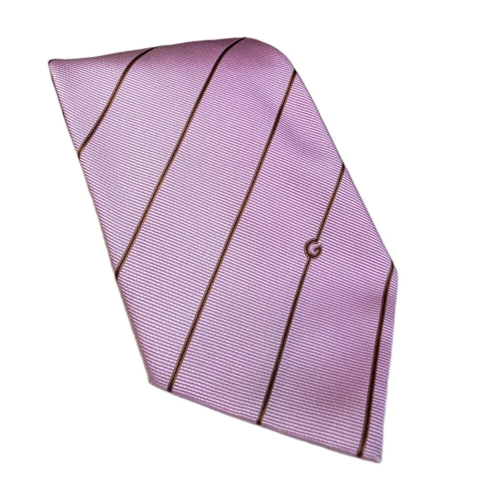 Gucci Mens 100% Silk Tie Made In Italy Pink Brown Stripe 3.75x58 Authentic 🇮🇹